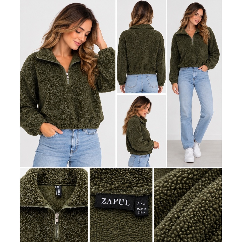 Zaful Womens Olive Green Sherpa Quarter Zip Cropped Pullover Teddy Sweater S